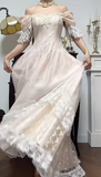 Ndyad Light Champagne Off-the-shoulder A-Line Princess Prom Dresses Chiffon Lace Vintage Wedding Dress HZ1024