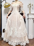 Ndyad Light Champagne Off-the-shoulder A-Line Princess Prom Dresses Chiffon Lace Vintage Wedding Dress HZ1024