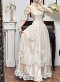 Ndyad Light Champagne Off-the-shoulder A-Line Princess Prom Dresses Chiffon Lace Vintage Wedding Dress HZ1024