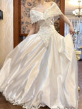Ndyad Royal Pearl White Off-the-shoulder Satin Lace Beaded A-Line Vintage Wedding Dress HZ1024