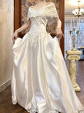 Ndyad Royal Pearl White Off-the-shoulder Satin Lace Beaded A-Line Vintage Wedding Dress HZ1024