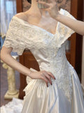 Ndyad Royal Pearl White Off-the-shoulder Satin Lace Beaded A-Line Vintage Wedding Dress HZ1024