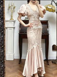 Ndyad Satin Lace Mermaid V-neck Prom Dresses, Beautiful Vintage Evening Gowns HZ1024