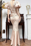 Ndyad Satin Lace Mermaid V-neck Prom Dresses, Beautiful Vintage Evening Gowns HZ1024