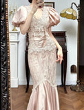Ndyad Satin Lace Mermaid V-neck Prom Dresses, Beautiful Vintage Evening Gowns HZ1024