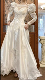 Ndyad White Scoop Neck Satin Long Sleeve Beaded Lace Applique Open Back Train Vintage Wedding Dress HZ1024