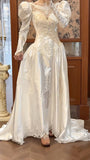 Ndyad White Scoop Neck Satin Long Sleeve Beaded Lace Applique Open Back Train Vintage Wedding Dress HZ1024