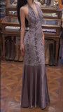 Ndyad Purple V-neck Mermaid Jacquard Satin Fashion Dresses Elegant Backless Prom Dresses HZ1024