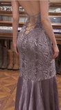 Ndyad Purple V-neck Mermaid Jacquard Satin Fashion Dresses Elegant Backless Prom Dresses HZ1024