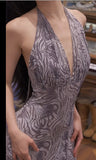 Ndyad Purple V-neck Mermaid Jacquard Satin Fashion Dresses Elegant Backless Prom Dresses HZ1024
