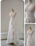 Ndyad White Lace Applique Beaded A-line Vintage Wedding Dress HZ1024