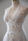 Ndyad White Lace Applique Beaded A-line Vintage Wedding Dress HZ1024