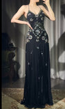 Ndyad Black V-neck Sheath Long Prom Dresses Chiffon Beading Open Back Evening Gowns with Slit HZ1024