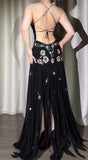Ndyad Black V-neck Sheath Long Prom Dresses Chiffon Beading Open Back Evening Gowns with Slit HZ1024