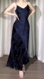 Ndyad Navy Blue Jacquard Satin Spaghetti Strap Sheath Prom Dresses Shiny Beaded Evening Gowns HZ1024