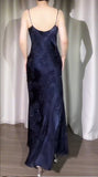 Ndyad Navy Blue Jacquard Satin Spaghetti Strap Sheath Prom Dresses Shiny Beaded Evening Gowns HZ1024