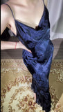 Ndyad Navy Blue Jacquard Satin Spaghetti Strap Sheath Prom Dresses Shiny Beaded Evening Gowns HZ1024