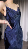 Ndyad Navy Blue Jacquard Satin Spaghetti Strap Sheath Prom Dresses Shiny Beaded Evening Gowns HZ1024