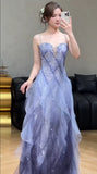 Ndyad Spaghetti Straps Sequins Tulle A-Line Long Prom Dresses Sweet 16 Evening Gowns HZ1024