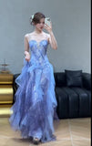 Ndyad Spaghetti Straps Sequins Tulle A-Line Long Prom Dresses Sweet 16 Evening Gowns HZ1024