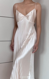 Ndyad Champagne Spaghetti Straps Guest Dresses Sheath Pleated Chiffon Fashion Prom Dress with Backless HZ1024