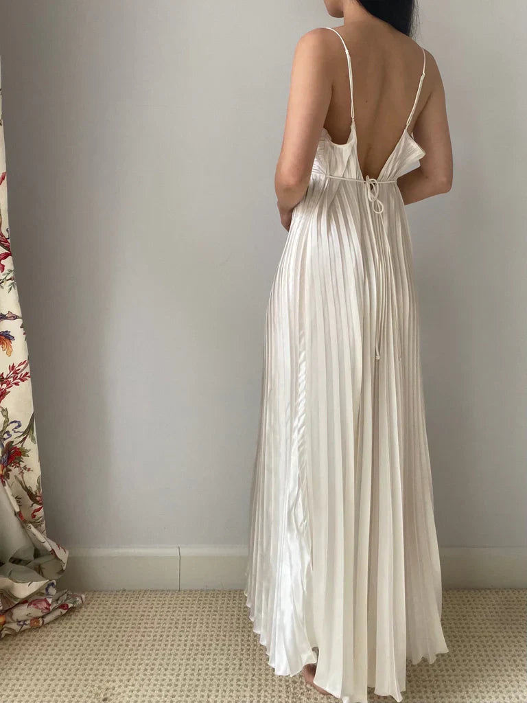 Ndyad Champagne Spaghetti Straps Guest Dresses Sheath Pleated Chiffon Fashion Prom Dress with Backless HZ1024