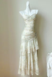 Ndyad Print Chiffon Spaghetti Straps Layered Ruffles Prom Dresses HZ1024