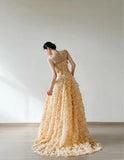 Ndyad Yellow A-Line Spaghetti Straps Tulle Applique Beading Wedding Dress Fairytale Long Prom Dresses HZ1024