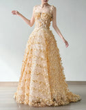 Ndyad Yellow A-Line Spaghetti Straps Tulle Applique Beading Wedding Dress Fairytale Long Prom Dresses HZ1024