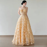 Ndyad Yellow A-Line Spaghetti Straps Tulle Applique Beading Wedding Dress Fairytale Long Prom Dresses HZ1024