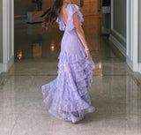 Ndyad Lilac V-neck Lace Long Prom Dresses A-line Backless Evening Gowns HZ1024