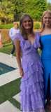 Ndyad Lilac V-neck Lace Long Prom Dresses A-line Backless Evening Gowns HZ1024
