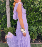 Ndyad Lilac V-neck Lace Long Prom Dresses A-line Backless Evening Gowns HZ1024