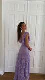 Ndyad Lilac V-neck Lace Long Prom Dresses A-line Backless Evening Gowns HZ1024