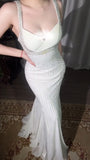 Ndyad Apricot Spaghetti Straps Mermaid Party Dress Beaded Chiffon Prom Dresses Elegant Evening Gowns HZ1024