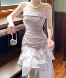 Ndyad Pink Spaghetti Straps Long Prom Dress Formal Dresses Chiffon Ruffles Layered Stunning 18th Birthday Party Dresses HZ1024