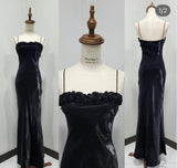 Ndyad Black Spaghetti Strap Mermaid Satin Long Prom Dresses HZ1024