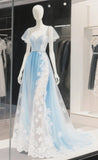 Ndyad Sky Blue Sweetheart Neck Tulle Lace Beaded A-Line Wedding Dress Long Prom Dresses HZ1024