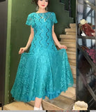 Evafashion Turquoise Round Neck Lace Chiffon A-Line Party Dress HZ1024