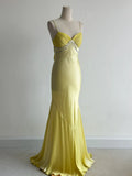Ndyad Yellow Formal Dresses Spaghetti Straps Satin Mermaid Long Prom Dresses HZ1024