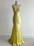 Ndyad Yellow Formal Dresses Spaghetti Straps Satin Mermaid Long Prom Dresses HZ1024