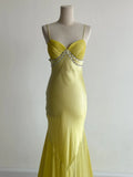 Ndyad Yellow Formal Dresses Spaghetti Straps Satin Mermaid Long Prom Dresses HZ1024