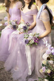 Ndyad Purple Tulle A-Line V-Neck Bridesmaid Dress Prom Dresses HZ1024