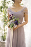 Ndyad Purple Tulle A-Line V-Neck Bridesmaid Dress Prom Dresses HZ1024