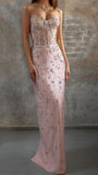 Ndyad Pink Sweetheart Neck Beaded Chiffon Sheath Prom Dresses Formal Evening Dress HZ1024