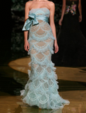 Ndyad Sky Blue Tulle Strapless Layered Mermaid Prom Dresses Elegant Formal Evening Dresses HZ1024