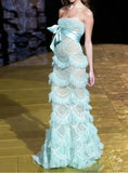 Ndyad Sky Blue Tulle Strapless Layered Mermaid Prom Dresses Elegant Formal Evening Dresses HZ1024