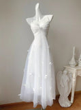 Ndyad Pearl Butterfly Tulle White French A-Line Spaghetti Straps Birthday Dresses HZ1024