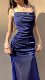 Ndyad Blue Shiny Silk Mermaid Dress Swing Neck Luxurious Birthday Party Dress HZ1024