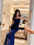 Ndyad Blue Shiny Silk Mermaid Dress Swing Neck Luxurious Birthday Party Dress HZ1024